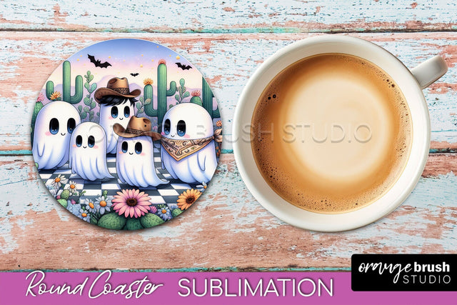 Ghost Coaster, Western Halloween Round Coaster Sublimation Sublimation OrangeBrushStudio 