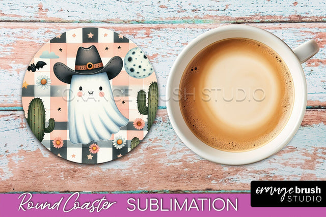 Ghost Coaster, Western Halloween Round Coaster Sublimation Sublimation OrangeBrushStudio 