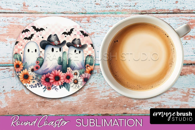 Ghost Coaster, Western Halloween Round Coaster Sublimation Sublimation OrangeBrushStudio 