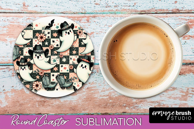 Ghost Coaster, Western Halloween Round Coaster Sublimation Sublimation OrangeBrushStudio 
