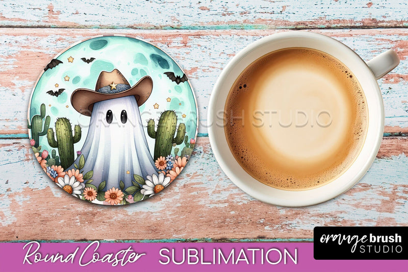 Ghost Coaster, Western Halloween Round Coaster Sublimation Sublimation OrangeBrushStudio 