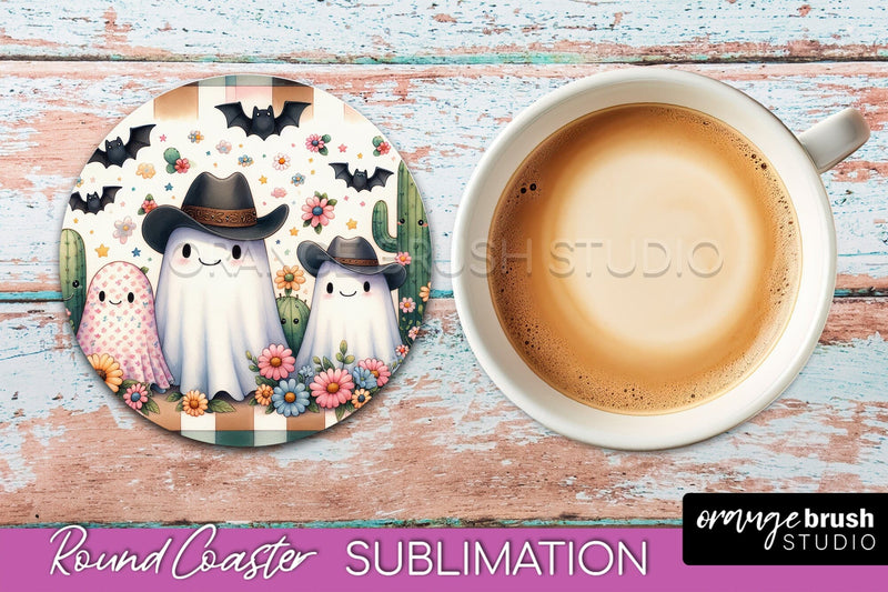Ghost Coaster, Western Halloween Round Coaster Sublimation Sublimation OrangeBrushStudio 