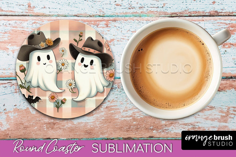 Ghost Coaster, Western Halloween Round Coaster Sublimation Sublimation OrangeBrushStudio 