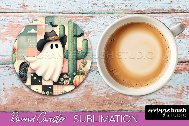 Ghost Coaster, Western Halloween Round Coaster Sublimation Sublimation OrangeBrushStudio 