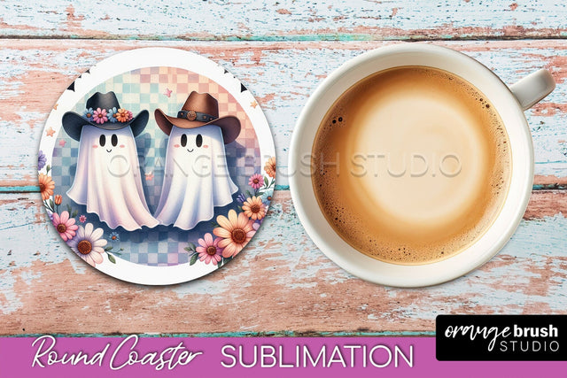 Ghost Coaster, Western Halloween Round Coaster Sublimation Sublimation OrangeBrushStudio 