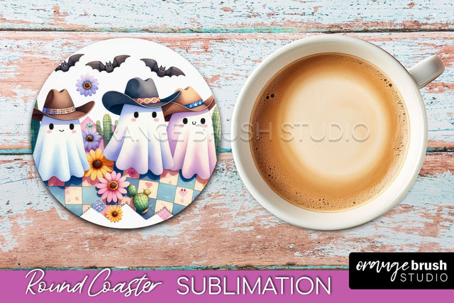 Ghost Coaster, Western Halloween Round Coaster Sublimation Sublimation OrangeBrushStudio 