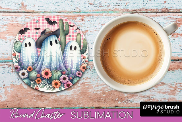 Ghost Coaster, Western Halloween Round Coaster Sublimation Sublimation OrangeBrushStudio 