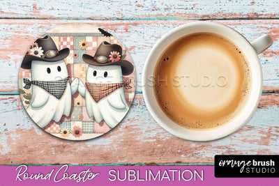 Ghost Coaster, Western Halloween Round Coaster Sublimation Sublimation OrangeBrushStudio 