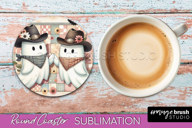 Ghost Coaster, Western Halloween Round Coaster Sublimation Sublimation OrangeBrushStudio 