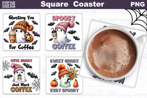 Ghost Coffee Square Coaster Bundle | Cute Halloween Coaster Sublimation WatercolorColorDream 