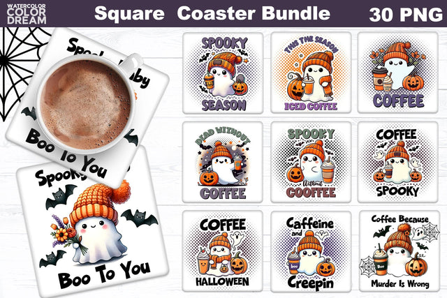 Ghost Coffee Square Coaster Bundle | Cute Halloween Coaster Sublimation WatercolorColorDream 