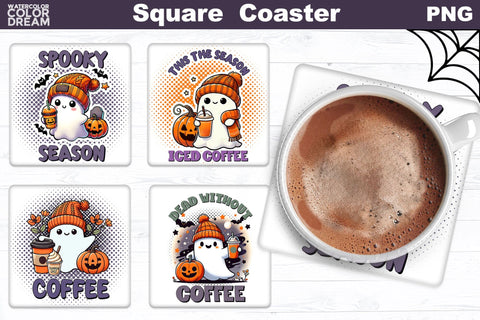 Ghost Coffee Square Coaster Bundle | Cute Halloween Coaster Sublimation WatercolorColorDream 
