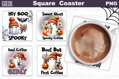 Ghost Coffee Square Coaster Bundle | Cute Halloween Coaster Sublimation WatercolorColorDream 