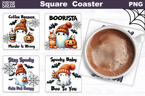 Ghost Coffee Square Coaster Bundle | Cute Halloween Coaster Sublimation WatercolorColorDream 