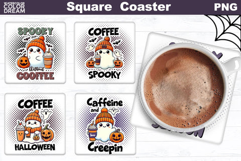 Ghost Coffee Square Coaster Bundle | Cute Halloween Coaster Sublimation WatercolorColorDream 