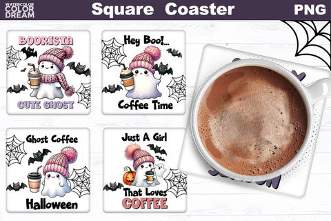 Ghost Coffee Square Coaster Bundle | Cute Halloween Coaster Sublimation WatercolorColorDream 