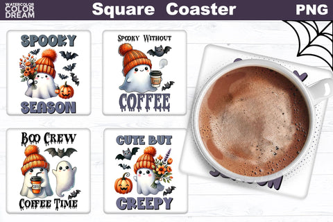Ghost Coffee Square Coaster Bundle | Cute Halloween Coaster Sublimation WatercolorColorDream 