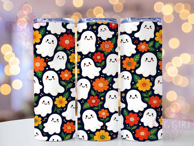 Ghost Floral Folk Glow 20oz Tumbler, Ghost Motif, Floral Design, Folk Art, Glow Effect, Whimsical Charm, Skinny Tumbler, Sublimation PNG Sublimation SvggirlplusArt 