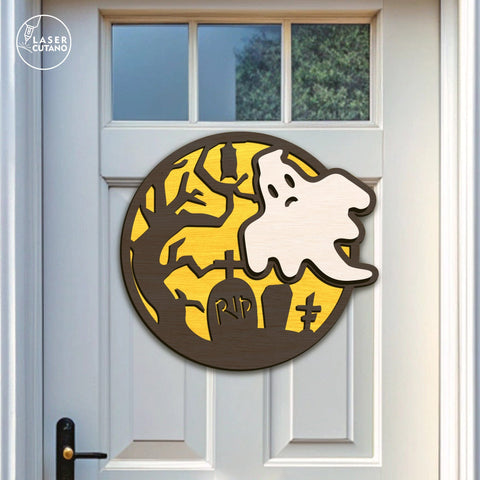 Ghost Halloween Door Hanger Laser Cut File – Spooky Round Sign for Front Door, Layered SVG for Glowforge and Laser Cutters SVG LaserCutano 