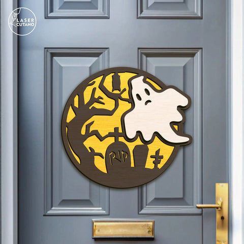 Ghost Halloween Door Hanger Laser Cut File – Spooky Round Sign for Front Door, Layered SVG for Glowforge and Laser Cutters SVG LaserCutano 