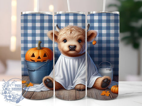 Ghost Highland Cow 20oz Skinny Tumbler PNG, Halloween Highland Cow Tumbler Sublimation Wrap, Straight & Tapered Tumbler Wrap, Instant Digital Download Sublimation ToriDesigns 