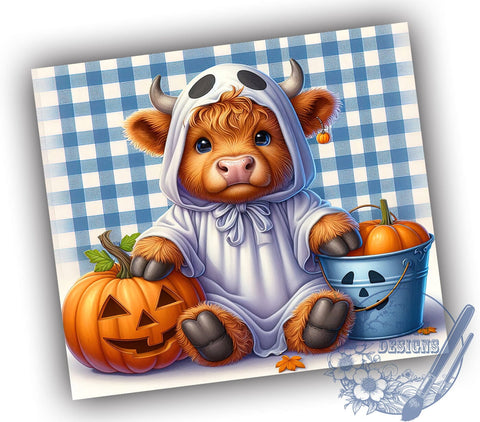Ghost Highland Cow 20oz Skinny Tumbler PNG, Halloween Highland Cow Tumbler Sublimation Wrap, Straight & Tapered Tumbler Wrap, Instant Digital Download Sublimation ToriDesigns 