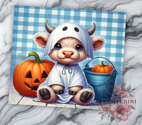 Ghost Highland Cow 20oz Tumbler Wrap PNG, Halloween Highland Cow Tumbler PNG Sublimation Design, Straight & Tapered Tumbler Wrap, Instant Digital Download Sublimation Li Zamperini 