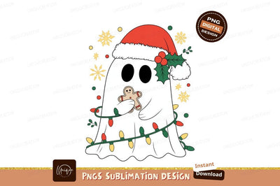 Ghost holding gingerbread wearing santa hat christmas Sublimation Designangry 