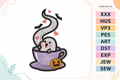 Ghost in Teacup with Steam Halloween Embroidery Design Embroidery/Applique DESIGNS sg embroidery 