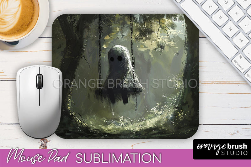 Ghost Mouse Pad, Cute Halloween Sublimation Mousepad Design Sublimation OrangeBrushStudio 