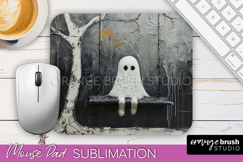 Ghost Mouse Pad, Cute Halloween Sublimation Mousepad Design Sublimation OrangeBrushStudio 