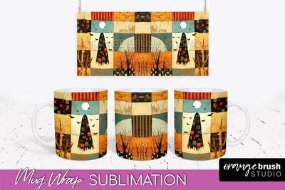 Ghost Mug Wrap - Patchwork Halloween Mug Sublimation Sublimation OrangeBrushStudio 