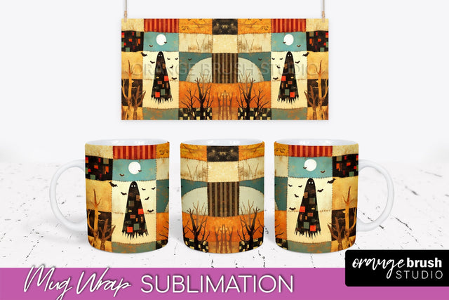 Ghost Mug Wrap - Patchwork Halloween Mug Sublimation Sublimation OrangeBrushStudio 