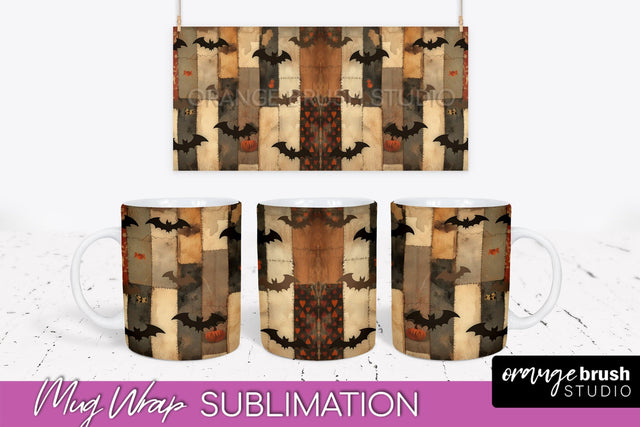 Ghost Mug Wrap - Patchwork Halloween Mug Sublimation Sublimation OrangeBrushStudio 