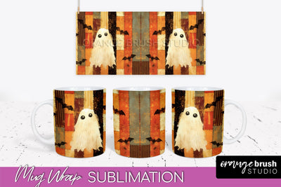 Ghost Mug Wrap - Patchwork Halloween Mug Sublimation Sublimation OrangeBrushStudio 