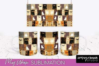 Ghost Mug Wrap - Patchwork Halloween Mug Sublimation Sublimation OrangeBrushStudio 