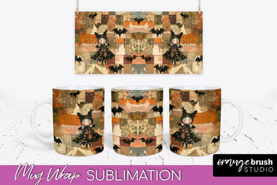 Ghost Mug Wrap - Patchwork Halloween Mug Sublimation Sublimation OrangeBrushStudio 