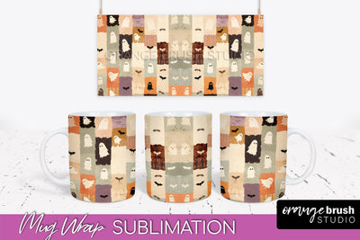 Ghost Mug Wrap - Patchwork Halloween Mug Sublimation Sublimation OrangeBrushStudio 