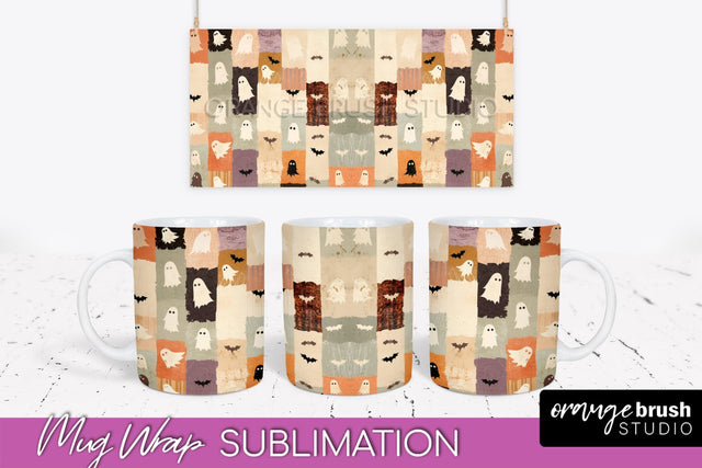 Ghost Mug Wrap - Patchwork Halloween Mug Sublimation Sublimation OrangeBrushStudio 