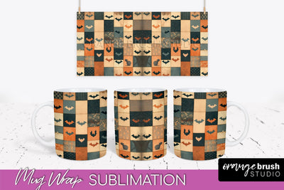 Ghost Mug Wrap - Patchwork Halloween Mug Sublimation Sublimation OrangeBrushStudio 