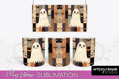 Ghost Mug Wrap - Patchwork Halloween Mug Sublimation Sublimation OrangeBrushStudio 