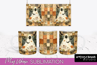 Ghost Mug Wrap - Patchwork Halloween Mug Sublimation Sublimation OrangeBrushStudio 