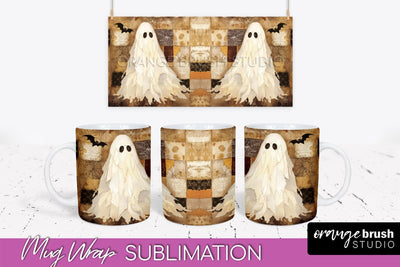 Ghost Mug Wrap - Patchwork Halloween Mug Sublimation Sublimation OrangeBrushStudio 