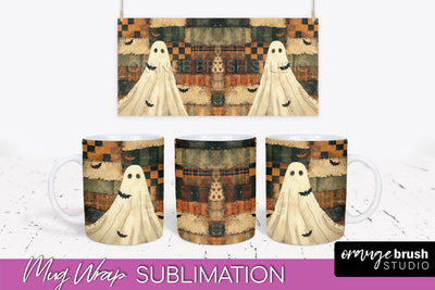 Ghost Mug Wrap - Patchwork Halloween Mug Sublimation Sublimation OrangeBrushStudio 