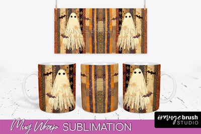 Ghost Mug Wrap - Patchwork Halloween Mug Sublimation Sublimation OrangeBrushStudio 