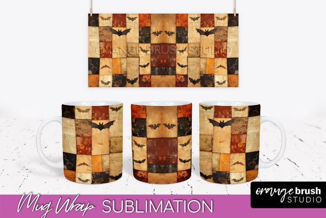 Ghost Mug Wrap - Patchwork Halloween Mug Sublimation Sublimation OrangeBrushStudio 