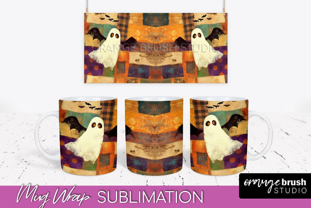 Ghost Mug Wrap - Patchwork Halloween Mug Sublimation Sublimation OrangeBrushStudio 