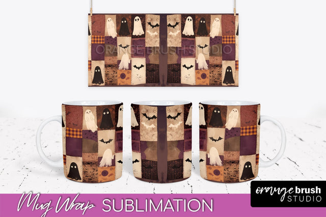Ghost Mug Wrap - Patchwork Halloween Mug Sublimation Sublimation OrangeBrushStudio 