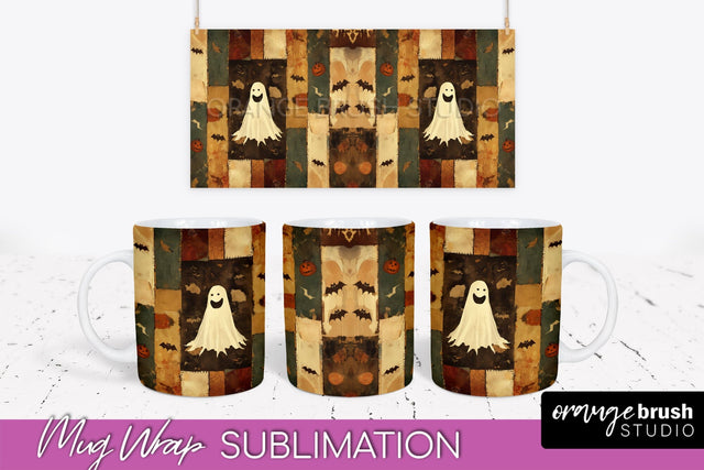 Ghost Mug Wrap - Patchwork Halloween Mug Sublimation Sublimation OrangeBrushStudio 