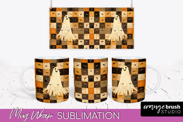 Ghost Mug Wrap - Patchwork Halloween Mug Sublimation Sublimation OrangeBrushStudio 